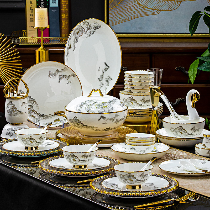 bone china bowl dish & plate combination jingdezhen high-end gold painting ink js tableware moving into the new house new tableware