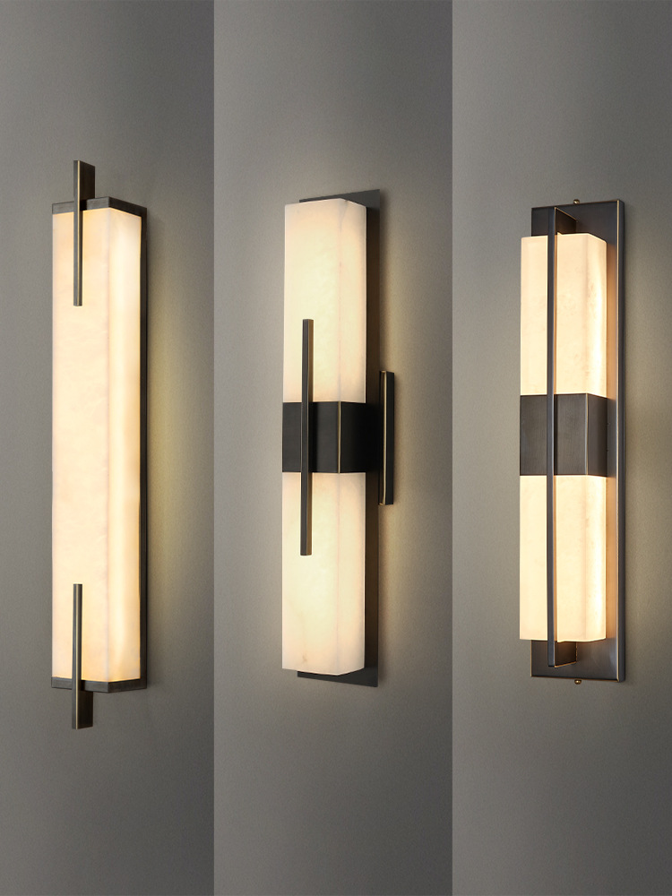 新中式轻奢方形壁挂灯轻奢卧室床头北欧楼梯全铜 云石 长条形壁灯