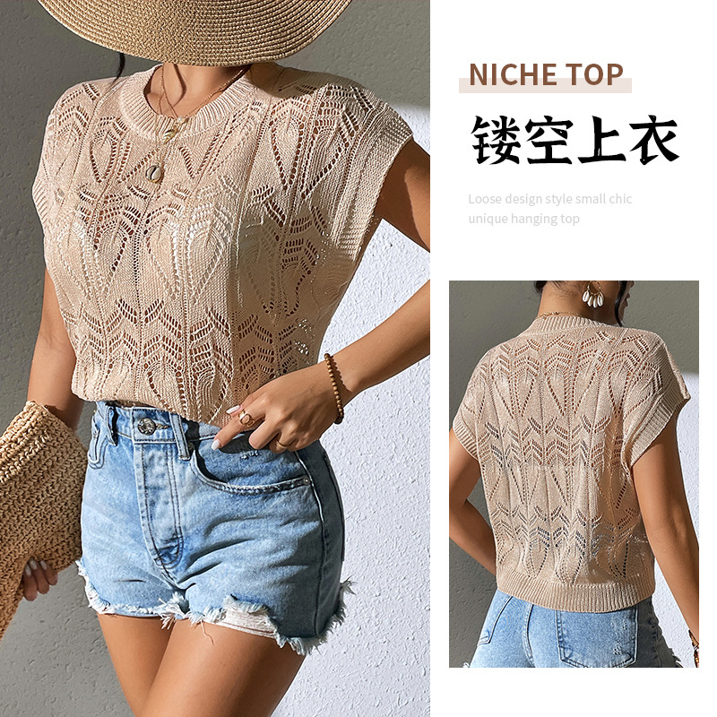 新款纯色镂空上衣女式针织衫休闲外搭无袖圆领背心马甲套头衫批发