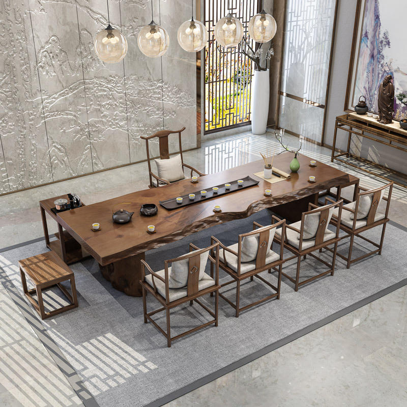 新中式实木茶桌 办公室大板茶桌椅组合禅意茶室家用原木茶台全套