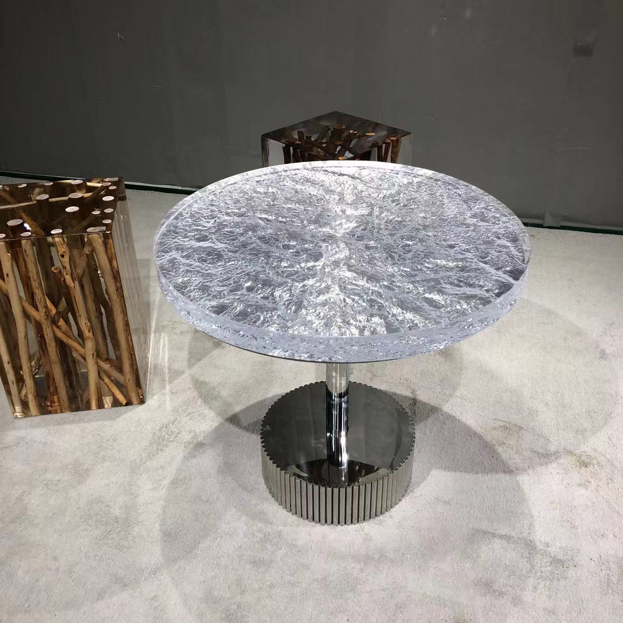 网红亚克力树脂水晶透明水波纹桌圆形茶几边几可定制