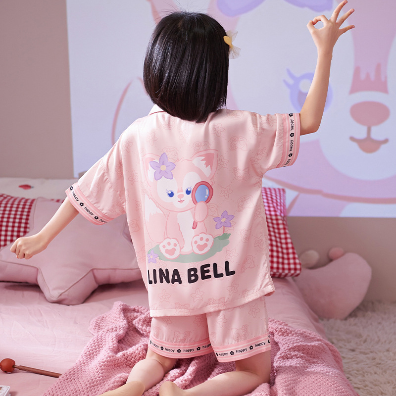 Children's Pajamas Small Girls and Teen Girls Summer Ice Silk Thin Cardigan Short Sleeve Three-Piece Set Baby Girl Air Conditioning Clothes Homewear