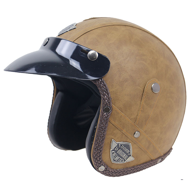 哈雷复古摩托车头盔认证摩托车皮革头盔含帽舌含后皮带经典半盔