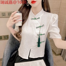 新中式衬衫女短袖夏季2023年新款设计感小众泡泡袖不规则盘扣上衣