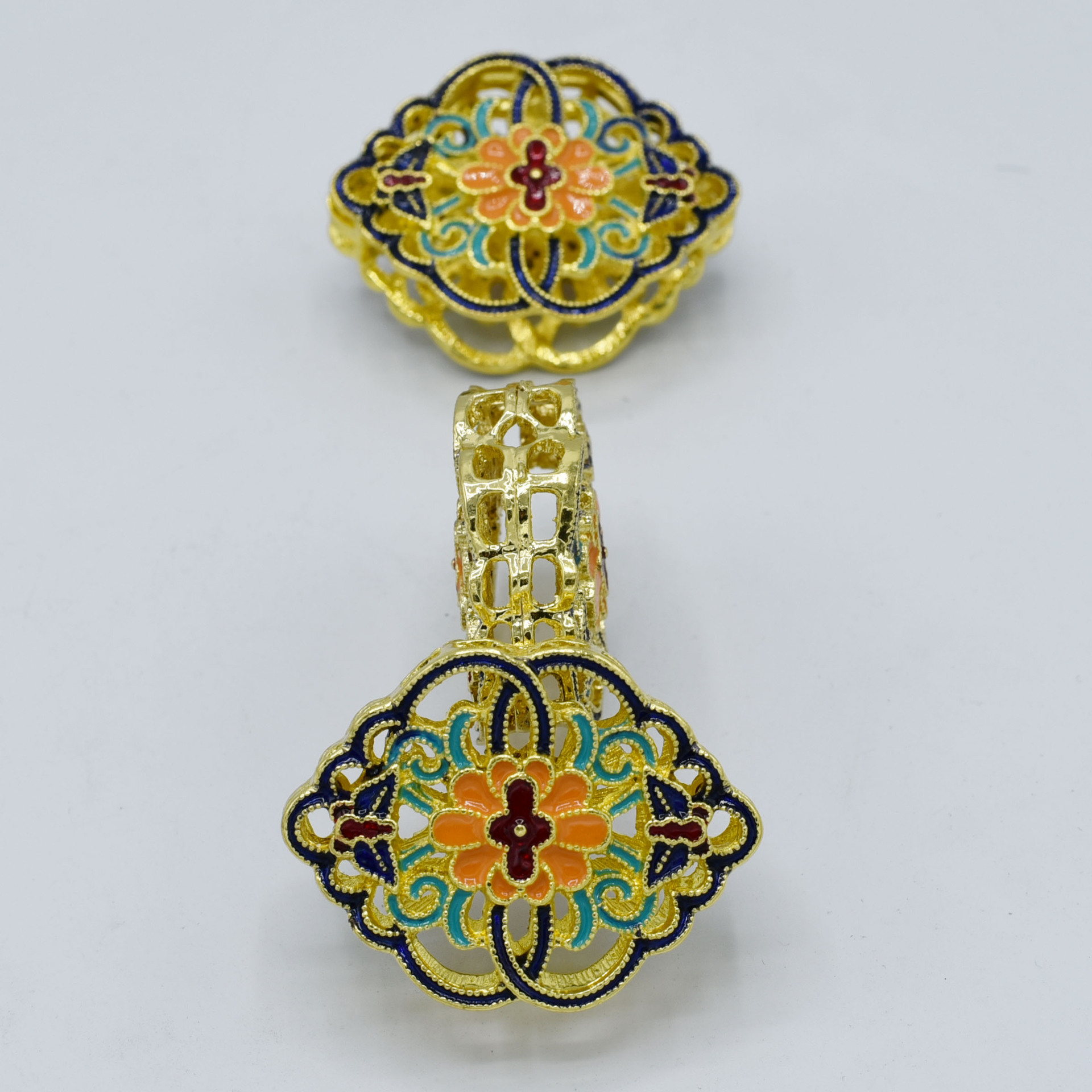 合金滴油烧蓝珐琅吊坠古风diy饰品配件景泰蓝双面挂件流苏帽挂件