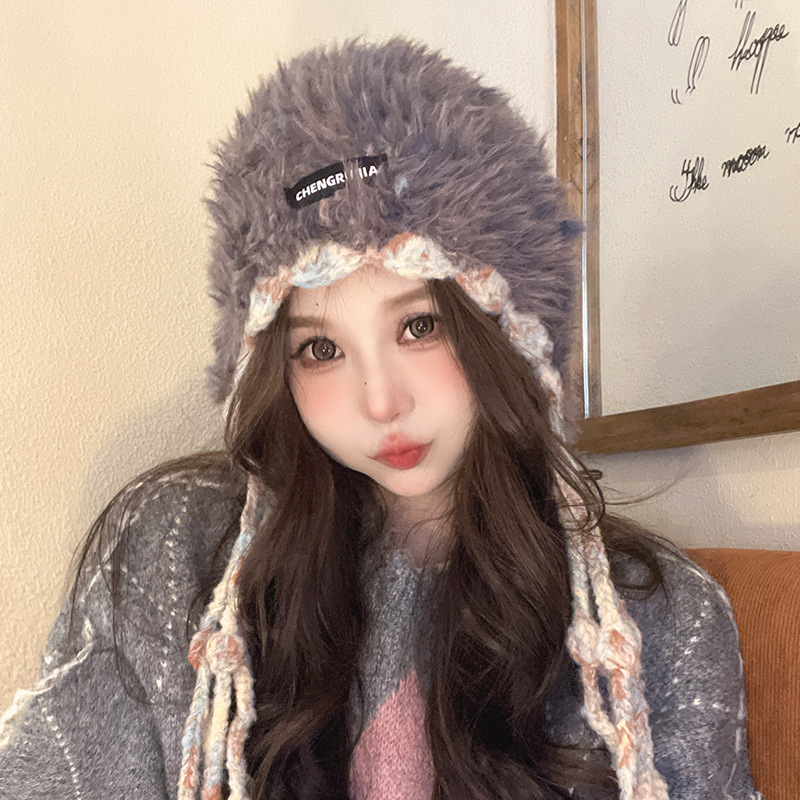 Mink-like Rainbow Tassel Wool Hat Women's Warm Ethnic Style Ear Protection Hat Winter Outdoor Face-Looking Small Knitted Hat Fashion