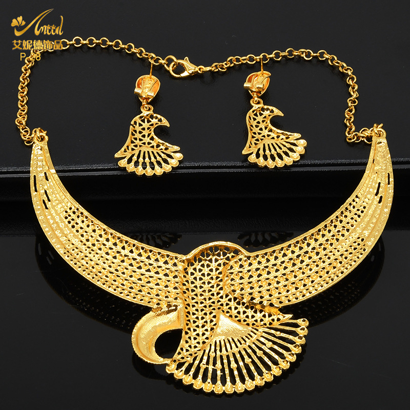 Dubai Bride 24K Gold-Plated Jewelry Set India Middle East Women's Fashion Necklace Earring Ring Bracelet Set