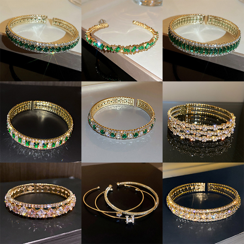 High-Grade Emerald Diamond-Embedded Open Bracelet Ins Niche Design Bracelet Korean-Style Fashionable All-Match Bracelet