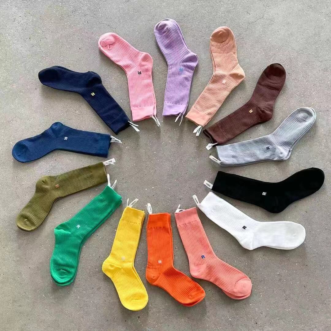 Korean-Made Socks Dongdaemun Fluorescent Candy Color Vertical Fine Lines R Lettered Casual Cotton Socks Marian Bunching Socks Women