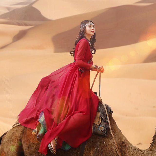 复古民族风红色连衣裙女沙漠旅拍新疆吐鲁番库木塔格宁夏旅游长裙