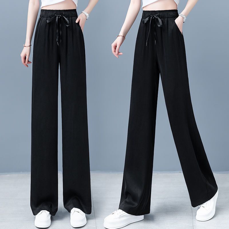 Real Silk Trousers Acetate Satin Wide-Leg Pants Women's Summer Thin High Waist Drooping Cool Khaki Feeling Ice Silk Consignment