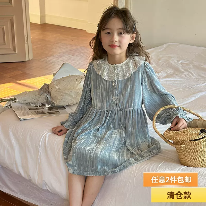 【清仓款】女童法式公主小礼服裙春新品儿童洋气亮光丝绒连衣裙