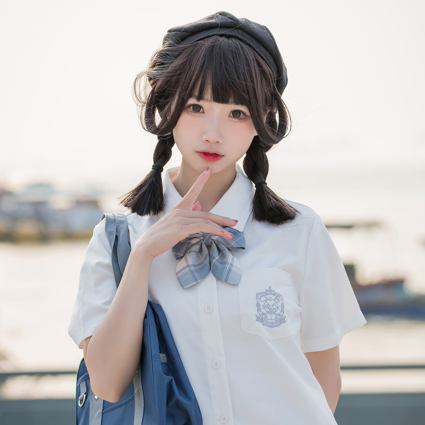 小时初一只兔熊原创设计新款jk制服女短袖刺绣衬衫日系学院白衬衣