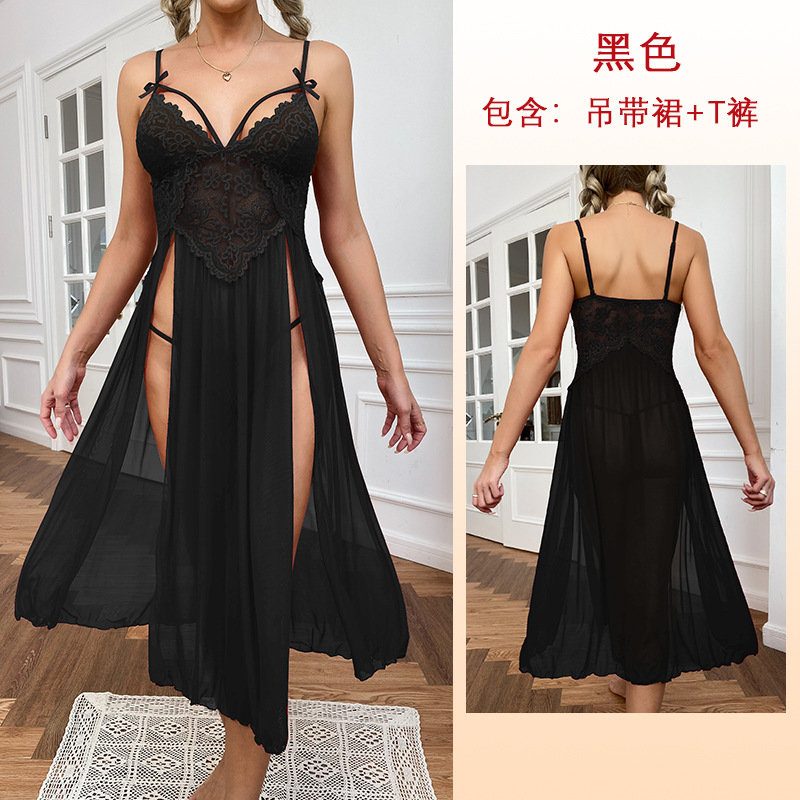 plus Size Sexy Mesh Deep V Lace Pajamas Side Slit Suspender Skirt Extended Home Wear Nightdress Women's Suit 413