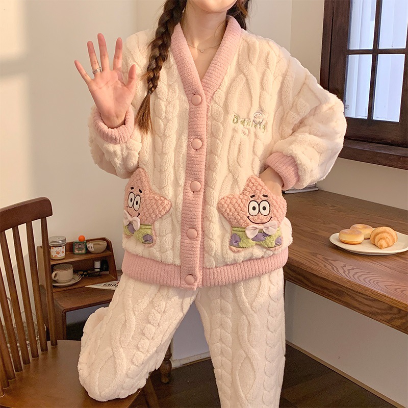 珊瑚绒睡衣秋冬季女款加厚保暖法兰绒可爱甜美卡通冬款家居服套装