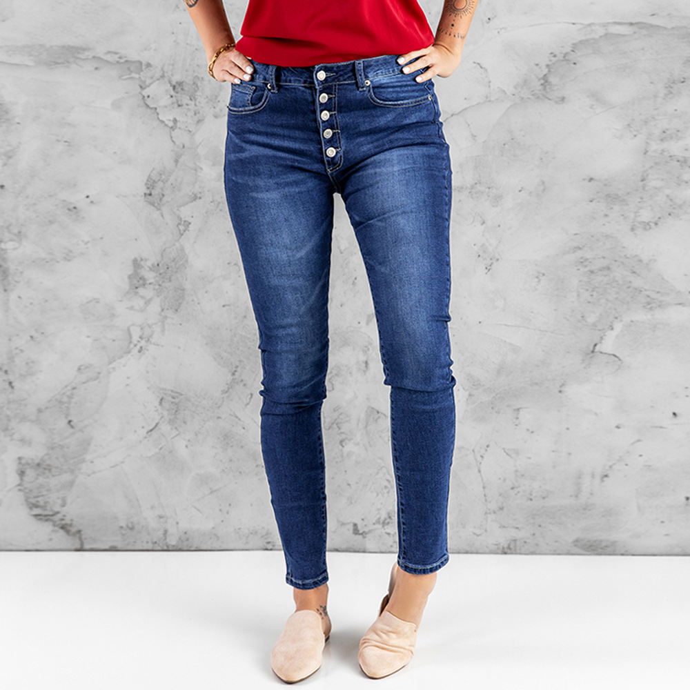 独立站外贸新款单排扣修身牛仔裤女欧美水洗高腰长裤78496