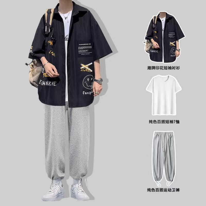 港风短袖衬衫男夏季ins潮牌半袖衬衣花衬衣男装搭配一套帅气衣服