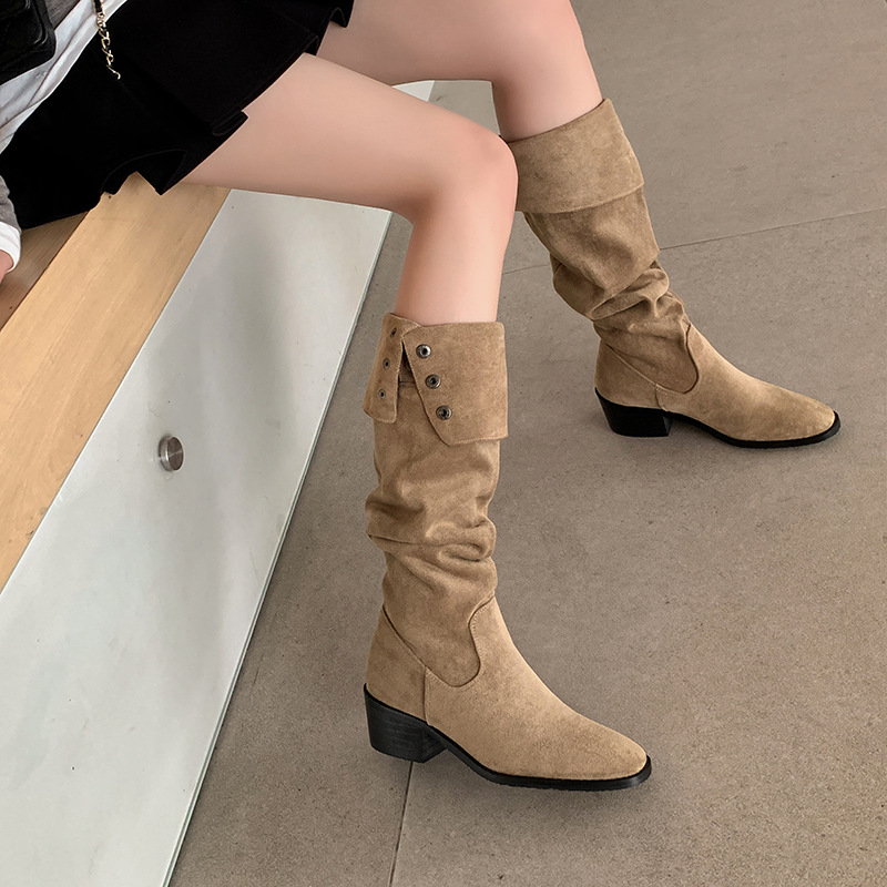 韩版时尚两穿翻边堆堆靴高筒弹力瘦瘦靴方头加绒中粗跟长靴女40码