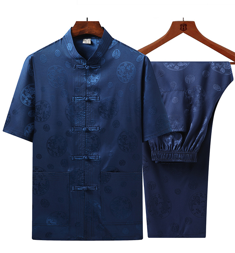 中国风唐装男丝绸中老年夏装爷爷老人衣服爸爸装短袖套装刺绣男装
