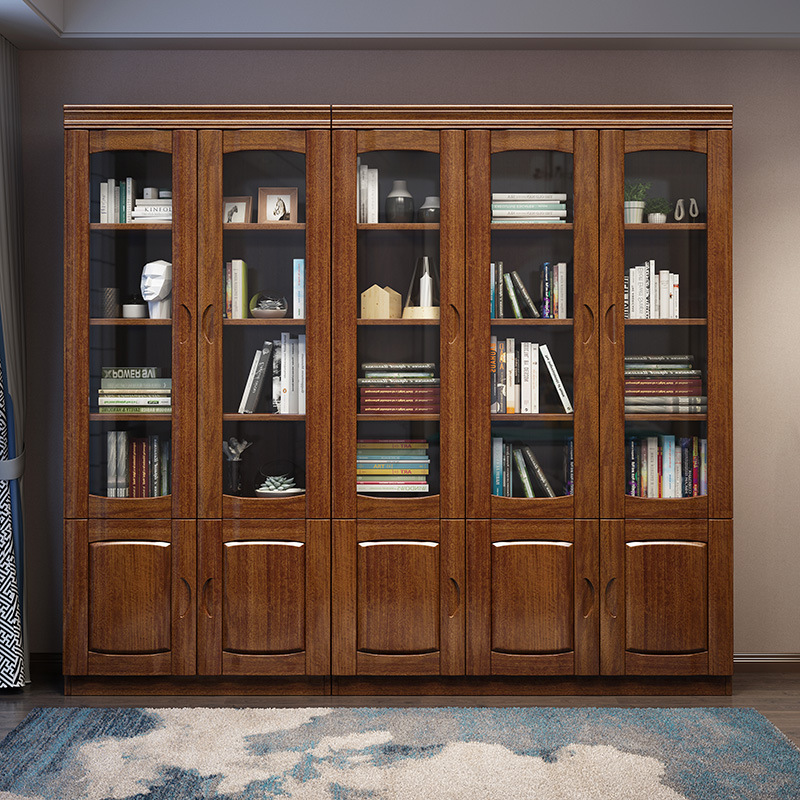 胡桃木实木书柜现代中式带玻璃门储物组合柜一体靠墙书橱书房家具
