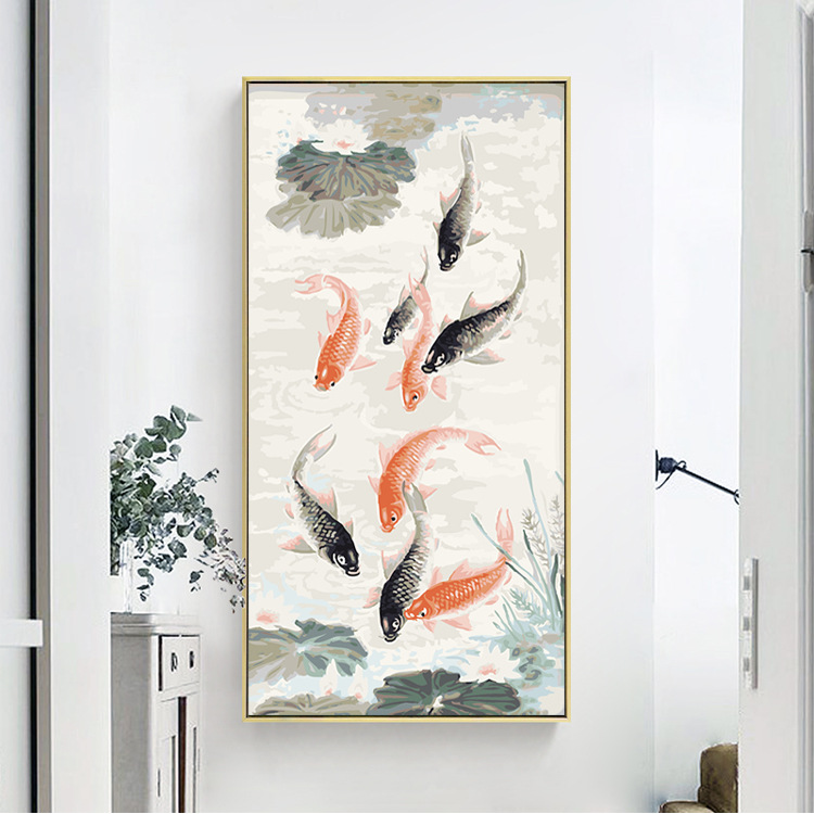 竖版大幅年年有余diy填色数字油画客厅玄关新中式装饰画九鱼聚财0