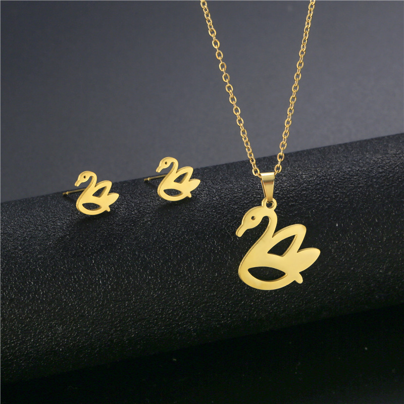 European and American New Stainless Steel Small Fresh Swan Necklace Set Female Personality Stud Earrings Clavicle Chain New Accessories Set