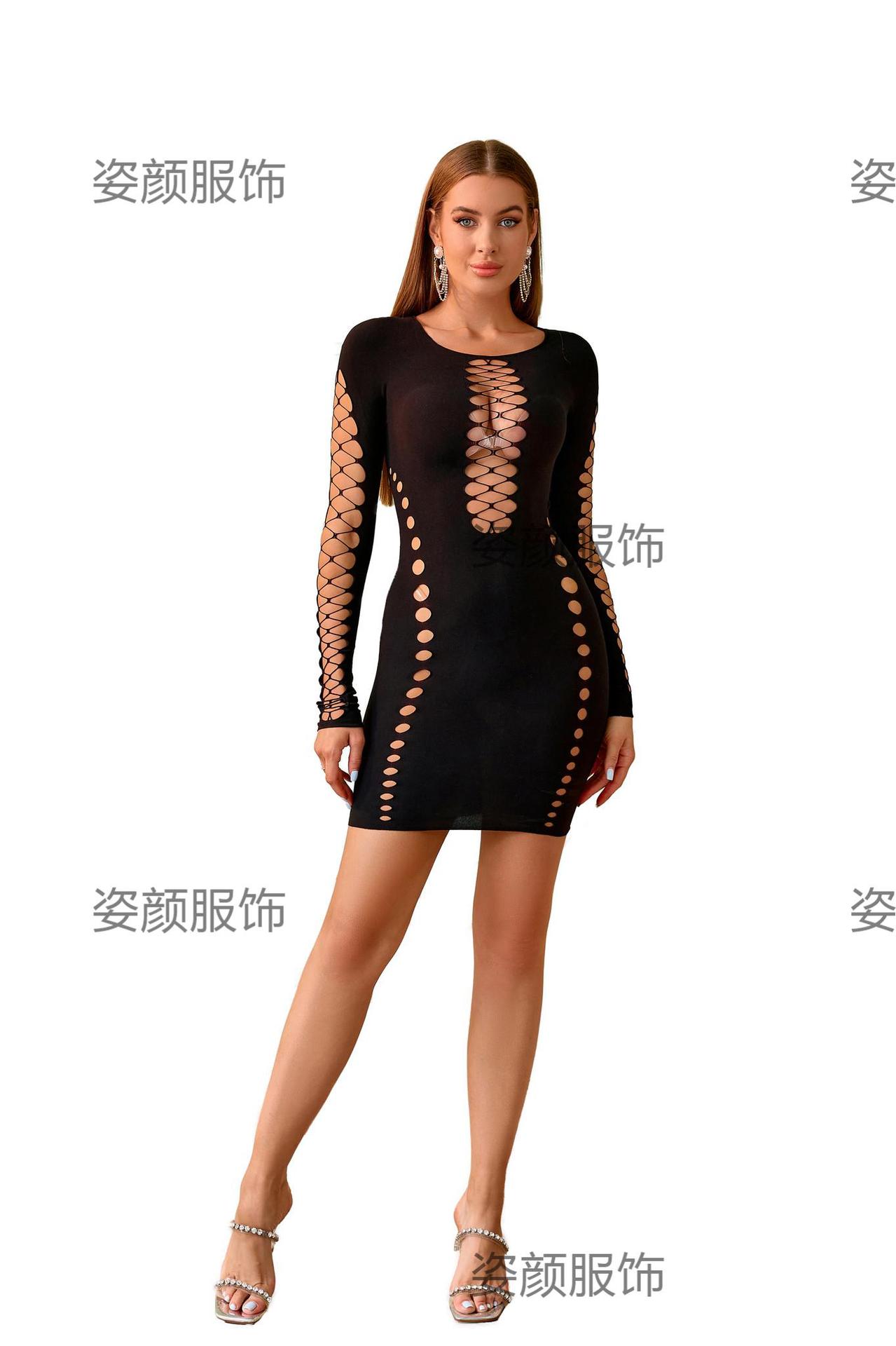 Dzz02 Foreign Trade Amazon Cross-Border plus Size Long Sleeve Open Chest Hollow Sexy Sexy Sexy Hip Skirt