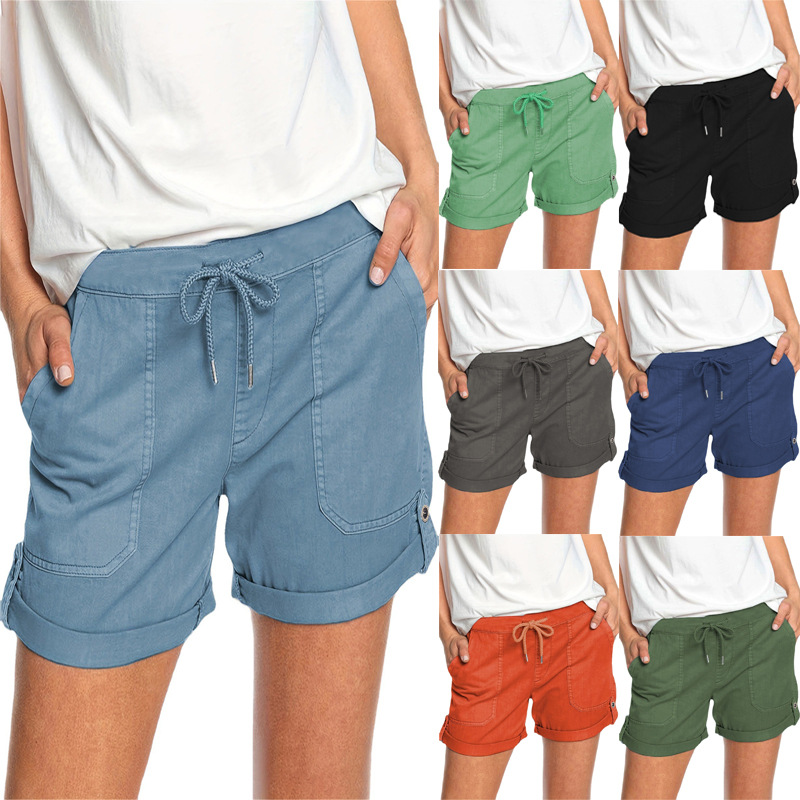 亚马逊2023夏季新款纯色直筒休闲裤女欧美跨境系带短裤