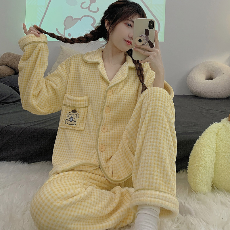 网红睡衣女秋冬季珊瑚绒加厚格子卡通可爱学生家居服套装法兰绒