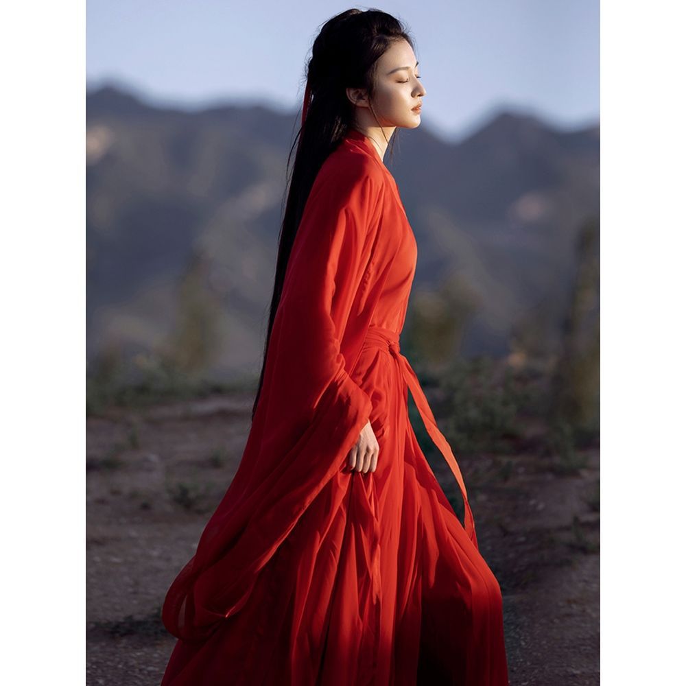 红色魏晋风武侠古装汉服女中国风帅气交领古风襦裙舞蹈演出服套装