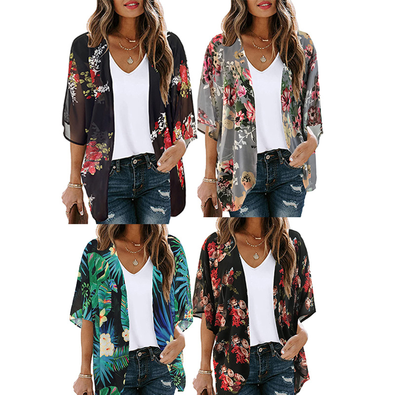 amazon hot european and american women‘s clothing cross-border beach vacation style sun protective blouse chiffon swimsuit printed cardigan jacket