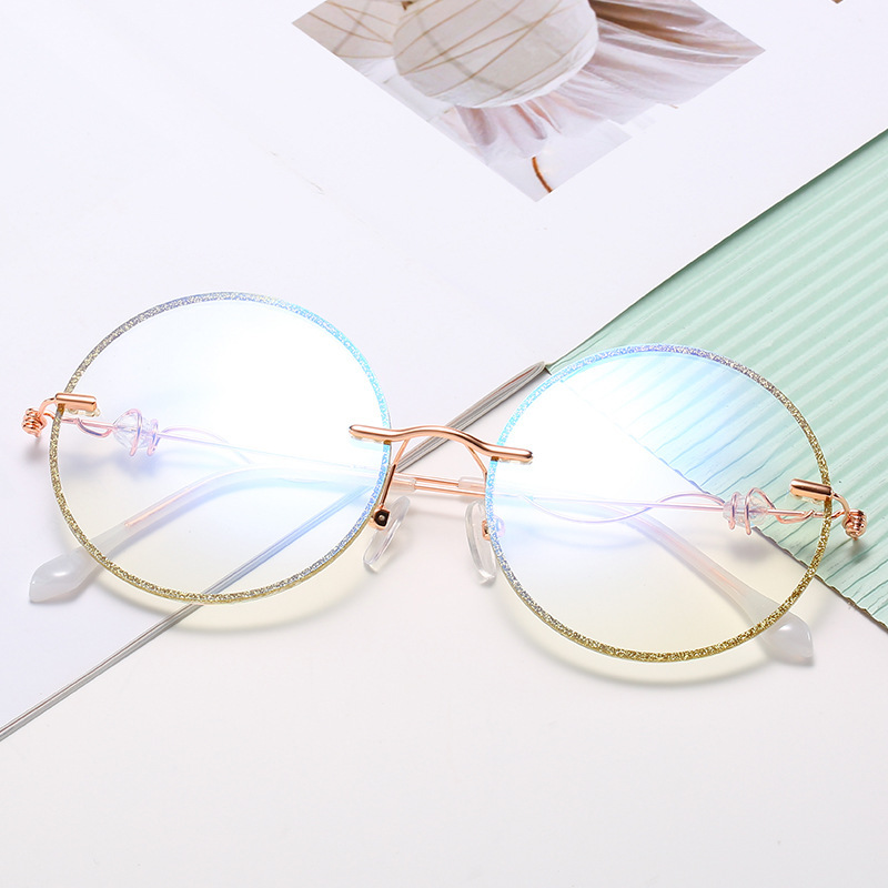 新款圆形无框切边防蓝光眼镜女小红书时尚韩版水晶闪粉镶钻平光镜