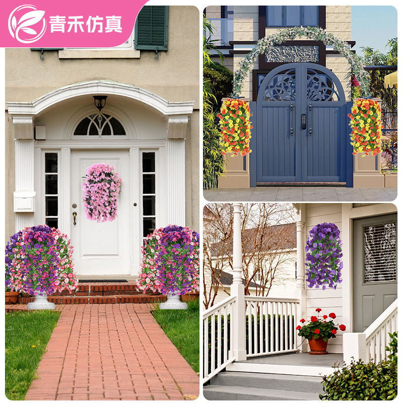 跨境仿真塑料花喇叭花三角梅绿叶壁挂条客厅室内房间墙壁挂装饰假