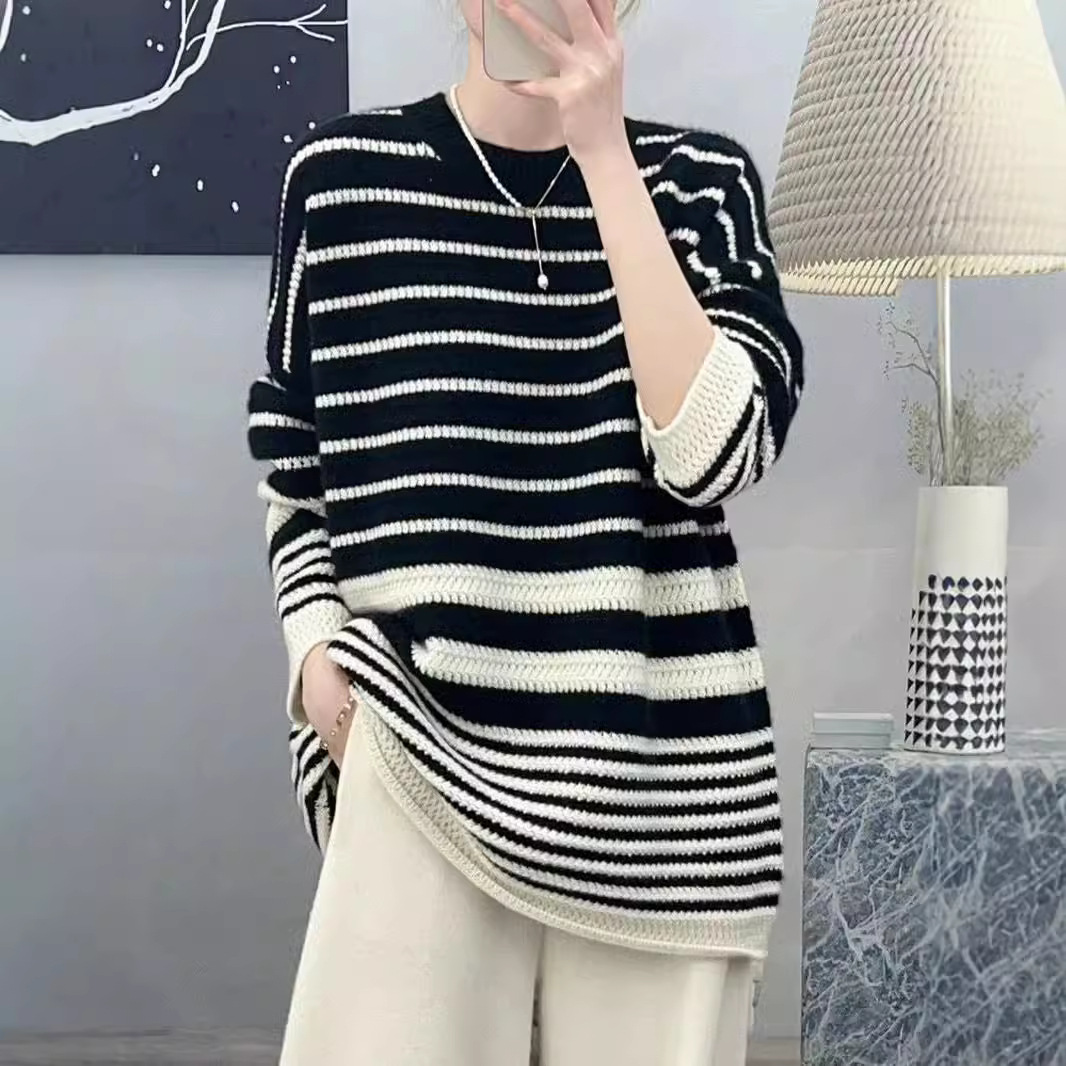 中长款100纯羊毛衫女秋冬欧货高端黑白条纹慵懒宽松针织毛衣裙潮