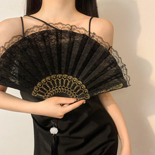 新中式复古黑色蕾丝折扇jk洛丽塔汉服旗袍扇子流苏古风拍照道具