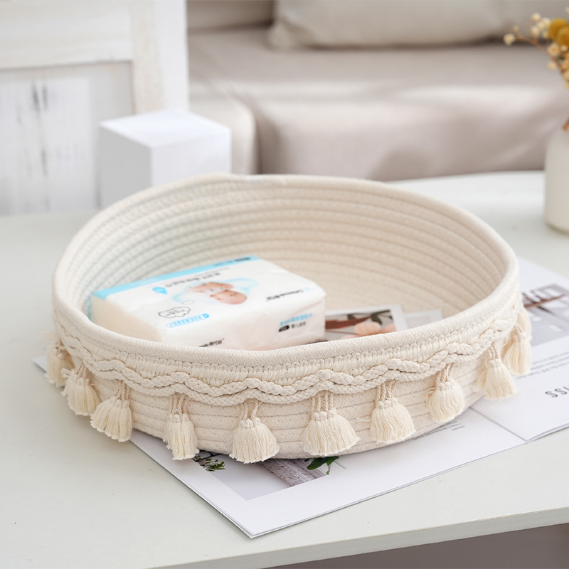 Round Ins Style Tassel Handmade Cotton String Woven Storage Basket Desktop Cosmetics Storage Basket