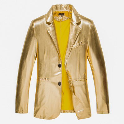 速卖通外贸春秋款金色亮面演出服修身西装男士纯色外套男西服上衣