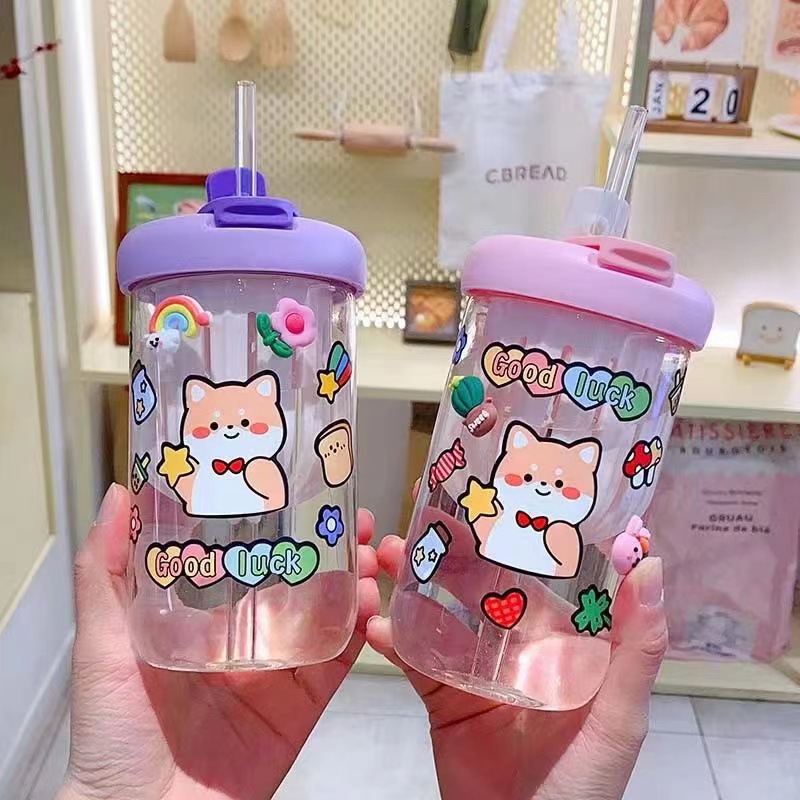 popular children‘s cartoon plastic cup cute stickers creative high-looking cup with straw bubble tea internet celebrity tumbler