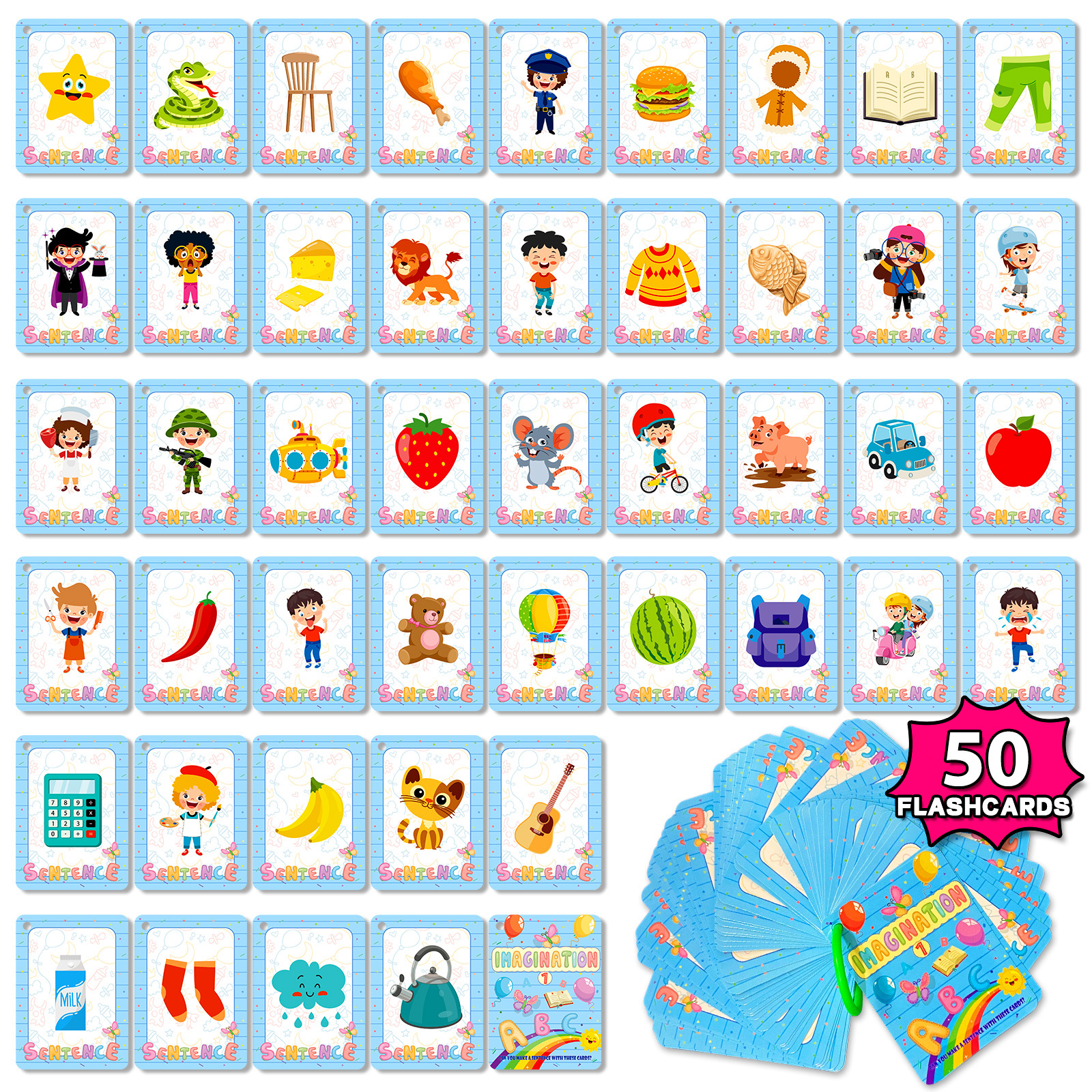 50张想象力幼儿早教认知卡儿童益智识字卡片宝宝启蒙学习识图卡