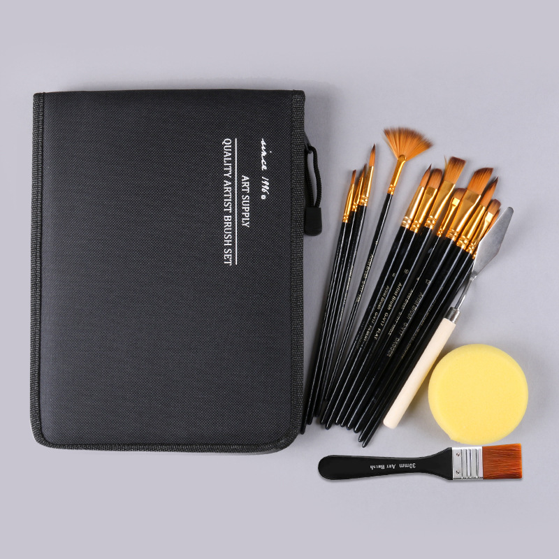 17-Piece Set Nylon Wool Watercolor Brush Containing Palette Brush Cloth Bag Brush Suit Cross-Border Painting Supplies Wholesale