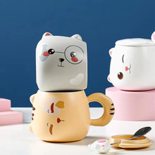 卡通超萌猫咪马克杯ins可爱陶瓷杯带盖勺家用学生水杯早餐咖啡杯