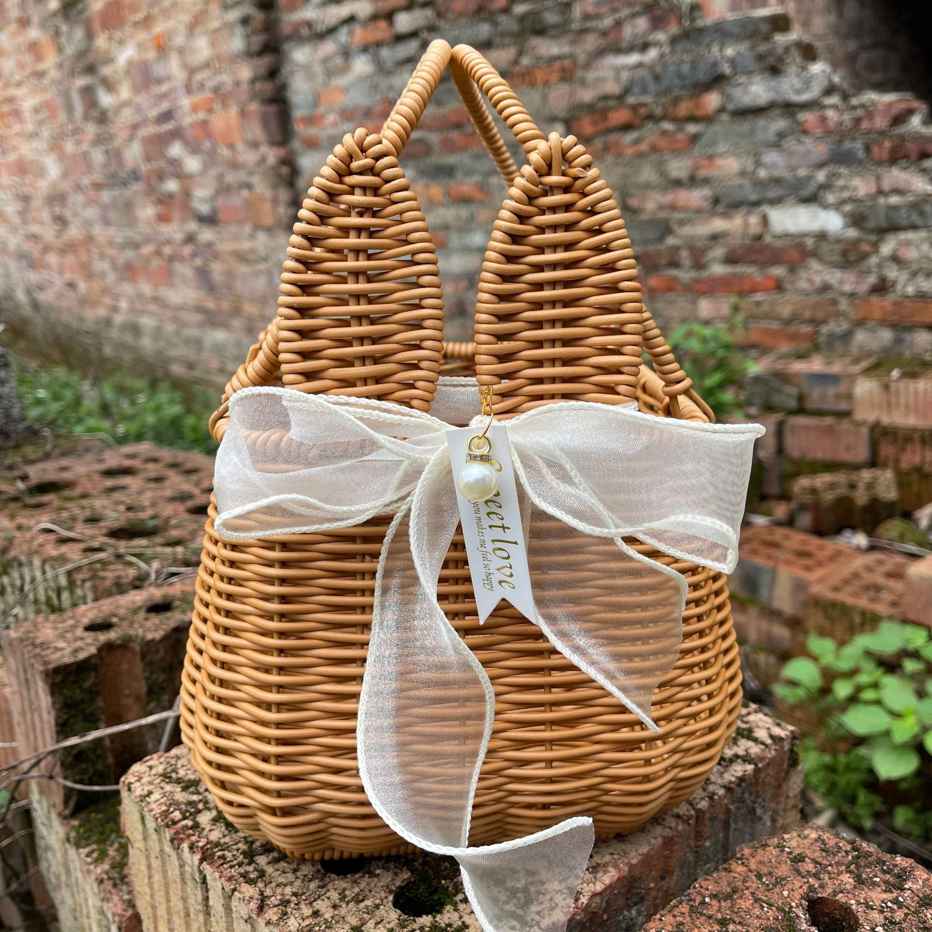 兔耳朵手提花篮编织篮古风装饰礼物篮子结婚伴手礼盒藤编礼盒提篮