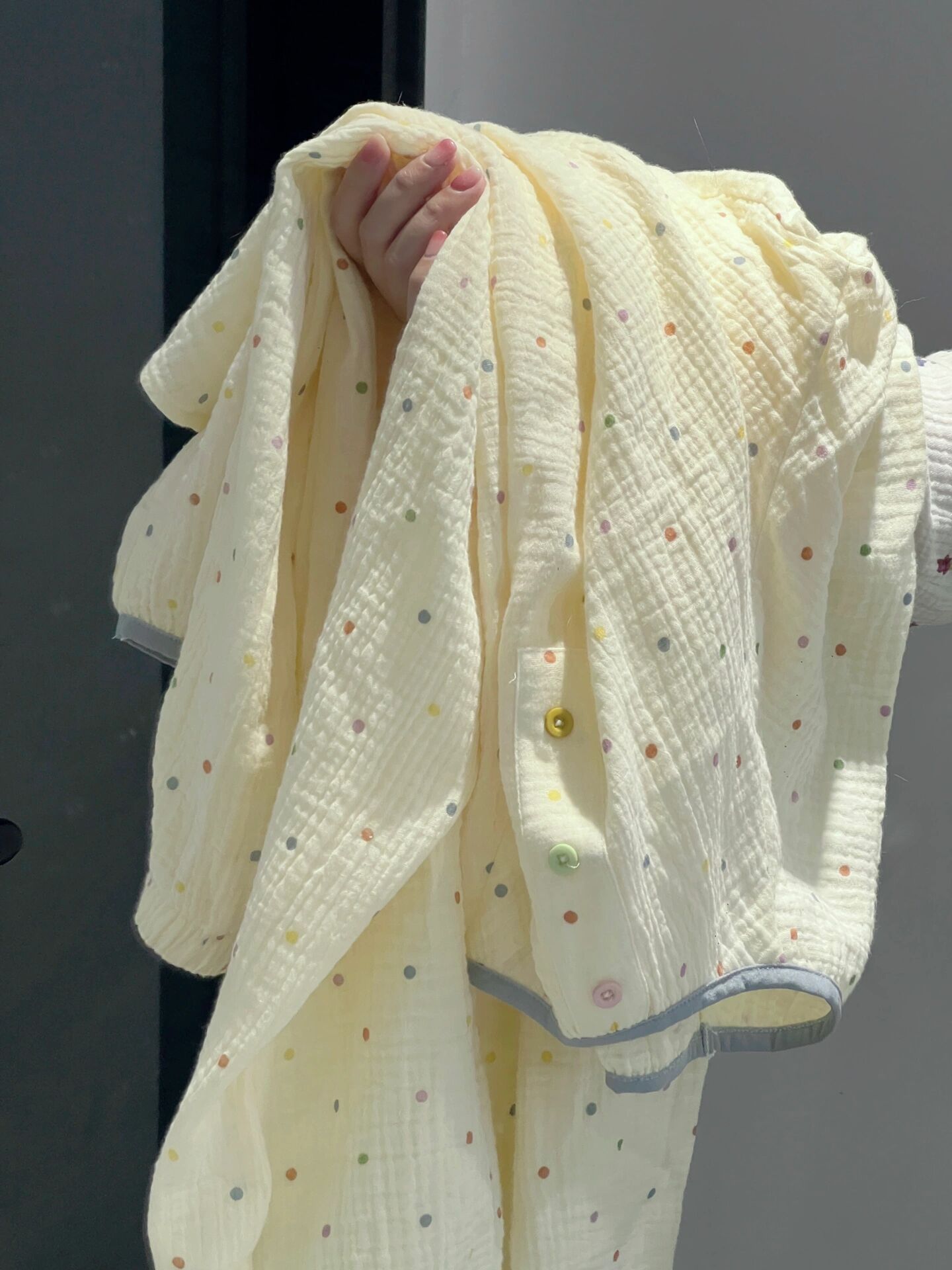 波点印花棉纱睡衣女款春秋季少女圆领双层婴儿纱布家居服套装新品