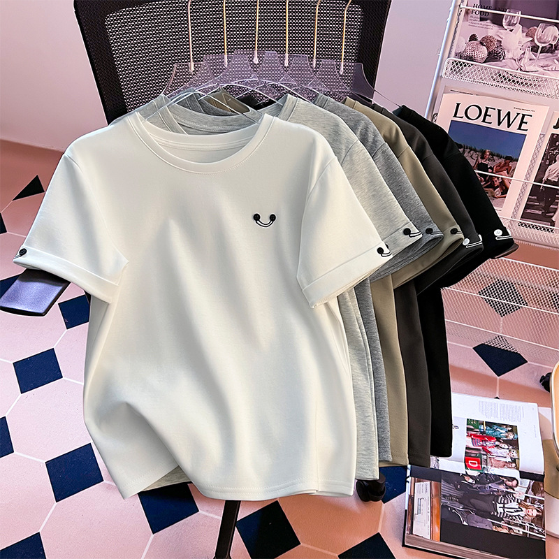 实拍圆领笑脸刺绣短袖t恤女春夏装2024夏季新款宽松休闲百搭上衣