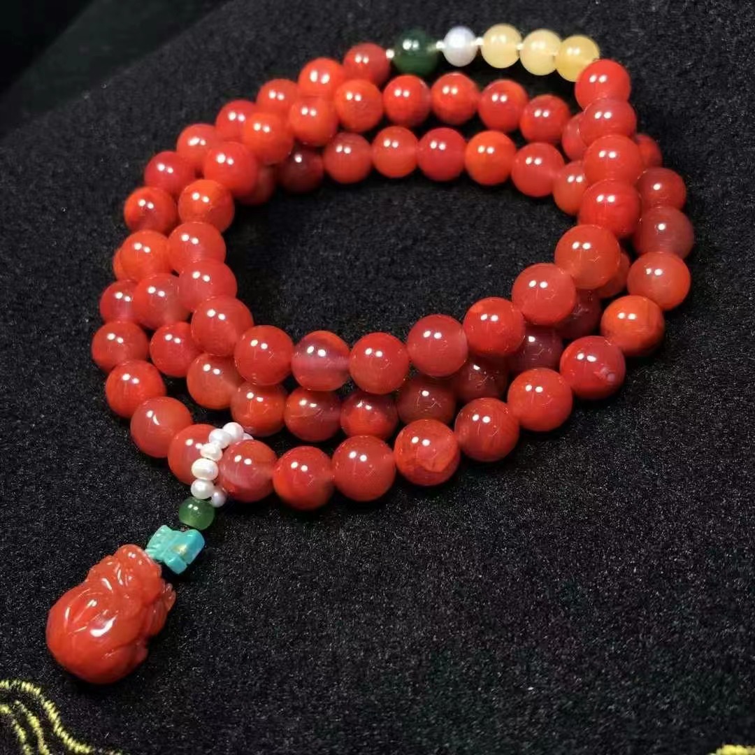 天然南红多圈手链 文玩diy圆珠手串 搭配招财貔貅吊坠绿松 蜜蜡等