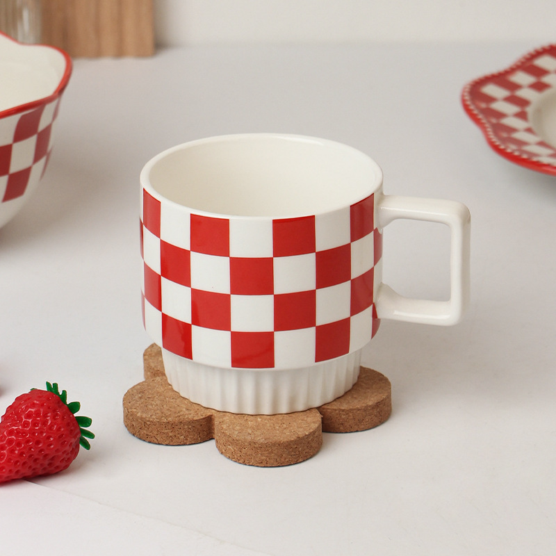 Simple Ceramic Mug Plaid Coffee Cup Retro Water Glass Household Drinking Cups Milk Oatmeal Cup