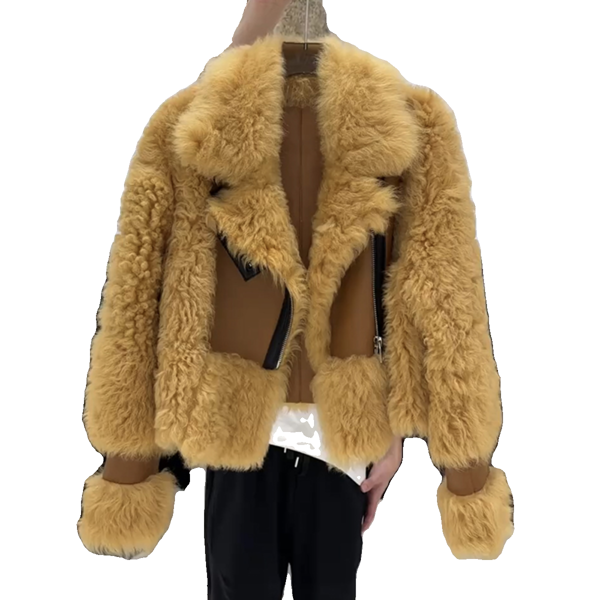 韩版时尚仿皮毛一体拼接机车皮草外套女2023秋冬新款毛毛上衣