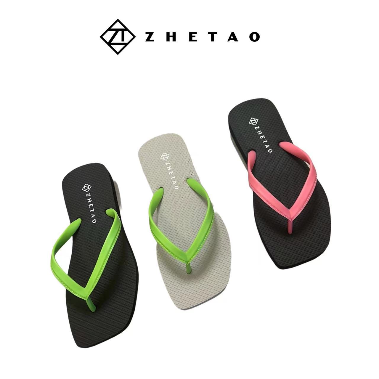 zhetao2024春夏橡胶防滑人字拖 时尚方头彩色带沙滩休闲夹趾拖鞋