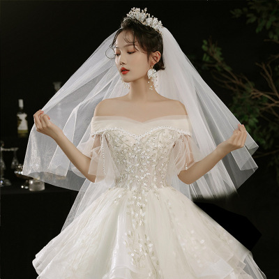 头纱新娘主婚纱卷边珍珠蓬蓬头饰超仙森系盖头超长拖尾张馨予同款