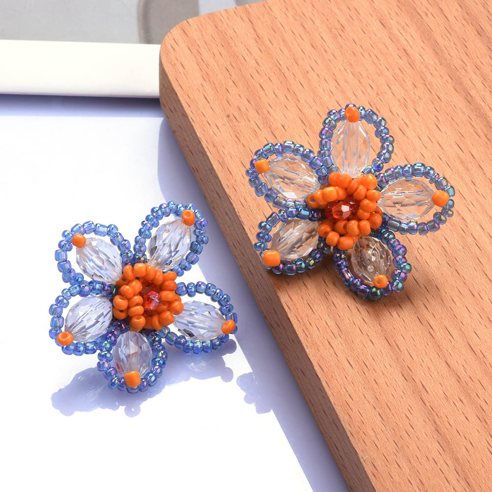 za秋冬款夸张手工编织米珠花卉耳环女欧美复古波西米亚风串珠耳钉